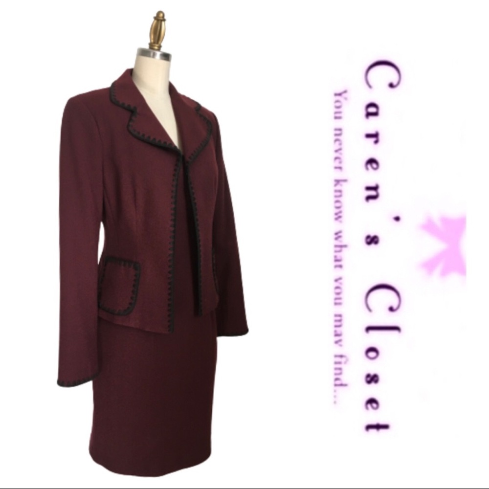 Nanette Lenore Burgundy & Black Whip Stitched Sleeveless Sheath Dress & Blazer.
